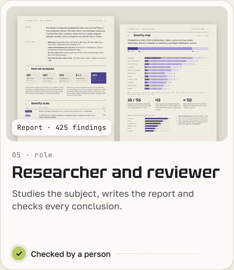 Researcher and reviewer: studies the subject, writes the report and checks every claim.