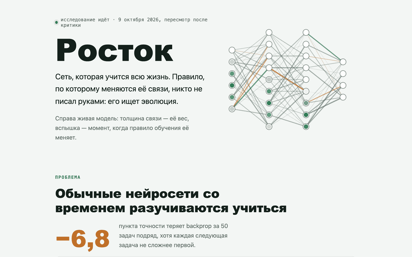 Страница исследования: живая модель сети справа.